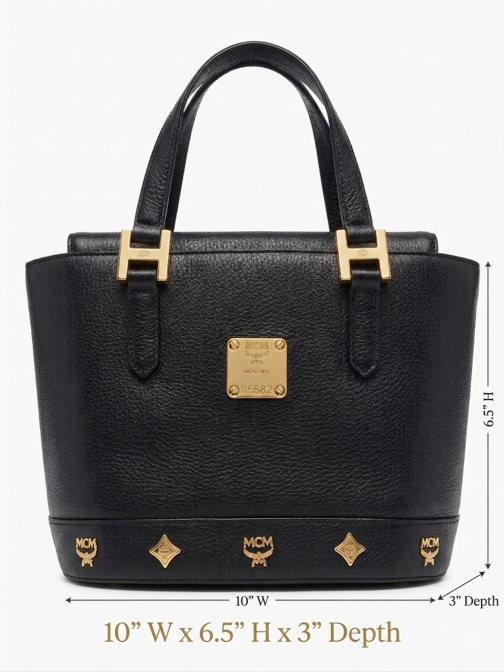 MCM München Small Satchel Bag Black Grained Leather w/ Gold Hardware
